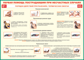 Таблица "Порядок действий при ранениях и термических ожогах" (100х140 сантиметров, винил) - fgospostavki.ru - Ялуторовск